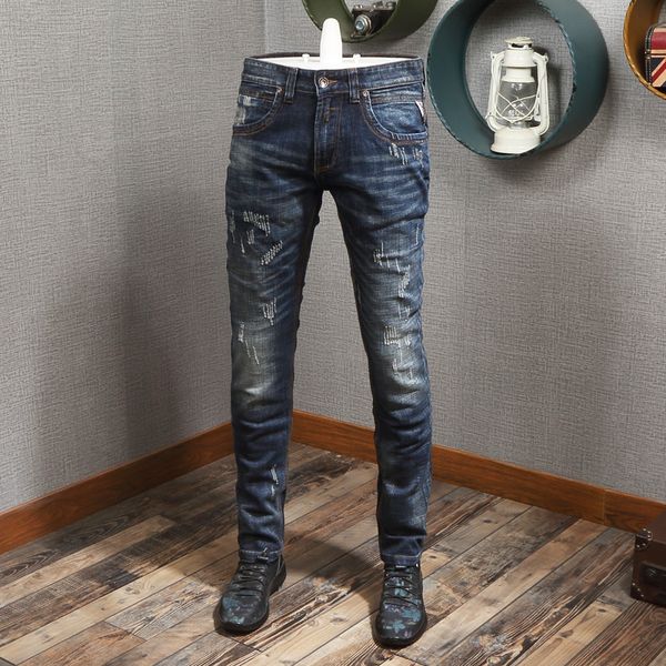

men's jeans ly designer fashion men jeans retro blue elastic slim fit ripped jeans men italian style vintage casual denim pants hombre