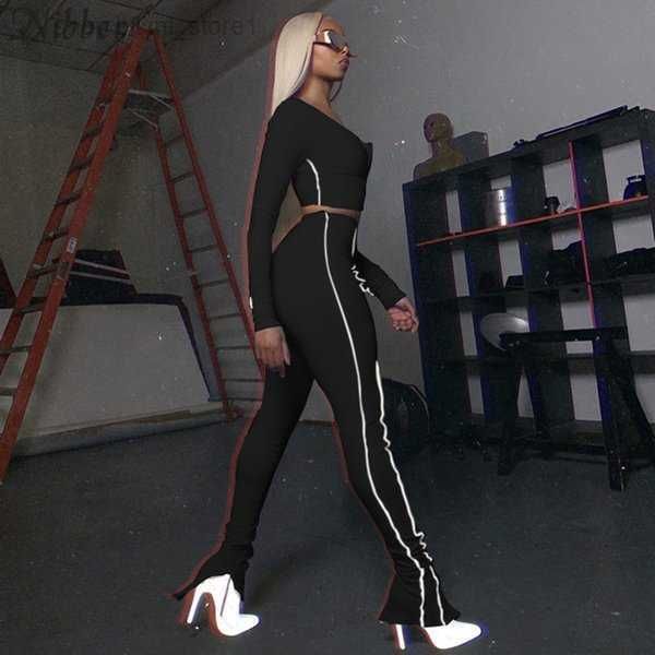 

women's two piece pants nibber high elastic fitness tracksuit striped women set fall sleeve zipper crop + suit 201007 2 maip, White