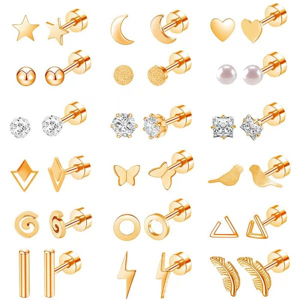 

18 pair stainless steel stud set women's and men's star moon flower heart shaped cartilage earrings anti allergy flat back earring, Golden;silver