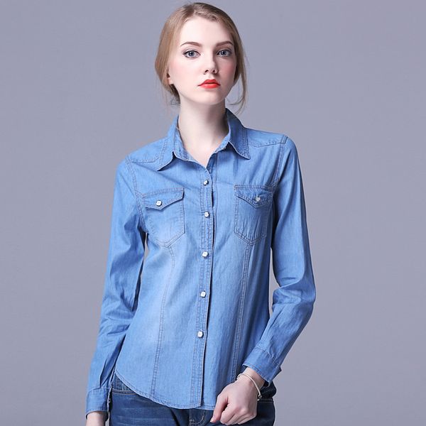 

women's blouses shirts byuan women blouse and shirts blue cotton denim autumn long sleeve blouse turn down collar ladies blouses plus, White