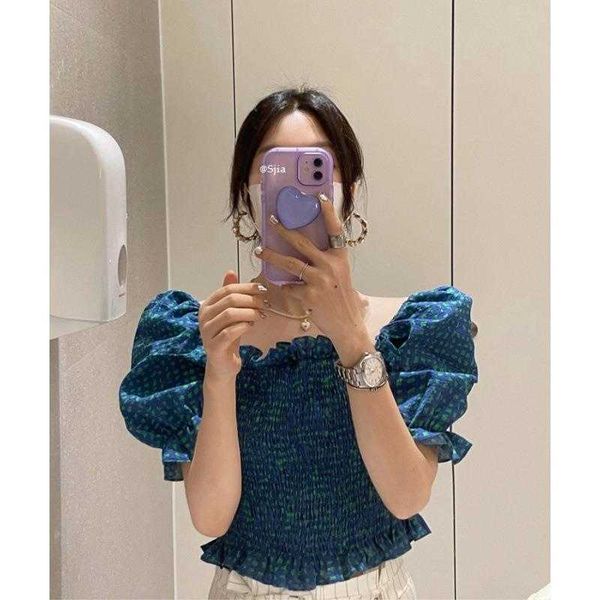 

chic french style square collar shirt wooden ear puff sleeve smocking waist, White