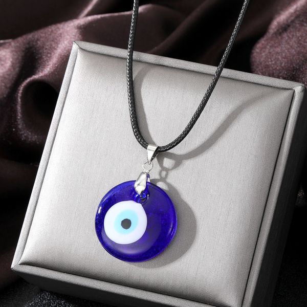 

evil eye necklaces turkish blue glass pendant leather rope chain for women men gift lucky ojo turco protection choker jewelry fashion round, Silver