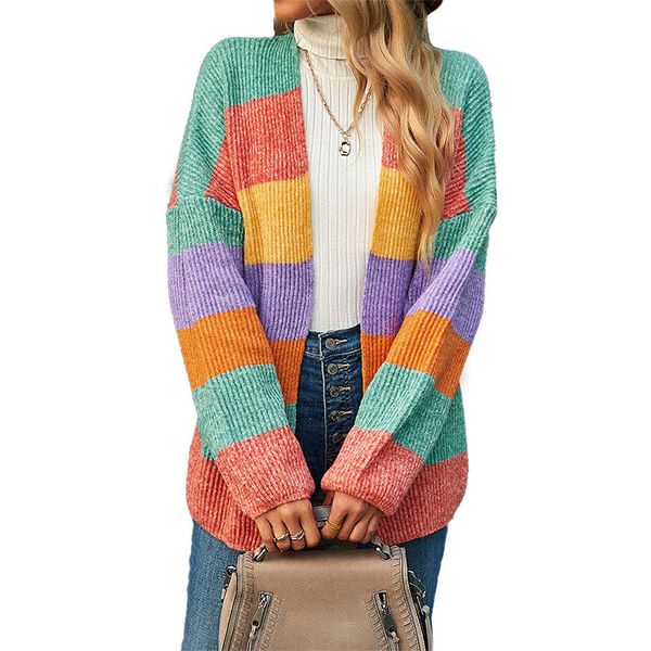 

casual all-match cardigan women's jackets knits commuter loose puff long sleeves colorful stripes pattern jacket overcoat outerwear coa, Black;brown