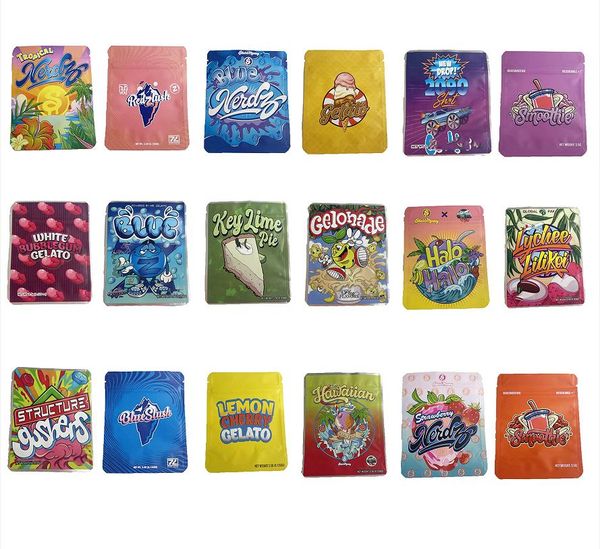 

empty edibles mylar packaging bags white bubblegum gelato smoothie key lime pie lemon cherry pouch