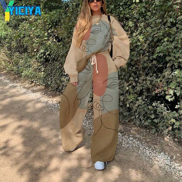 

yiciya women's tracksuits designer casual round neck loose print basic women sweater set fashion hoodies and sweatpants sets suit, Gray
