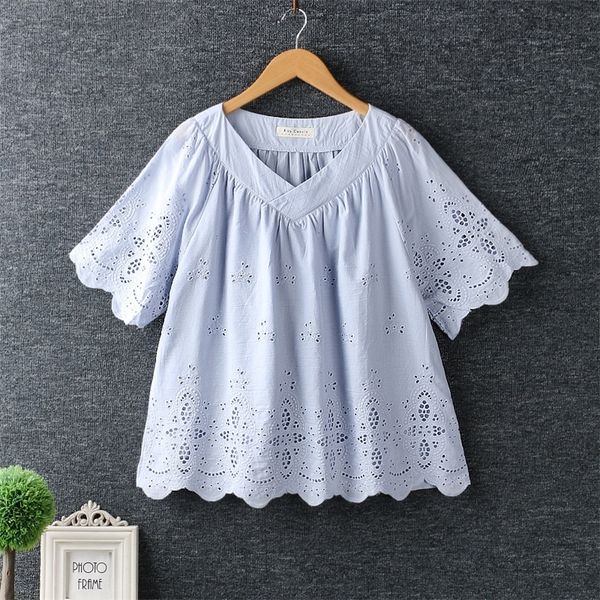 

women's blouses shirts summer women hollow out embroidery v-neck short sleeve shirt blouse women mori girl loose blouse 230414, White