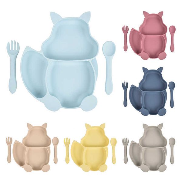 

cups dishes utensils food grade silicone baby feeding tableware set children's cartoon squirrel strong suction non-slip plate spoon for
