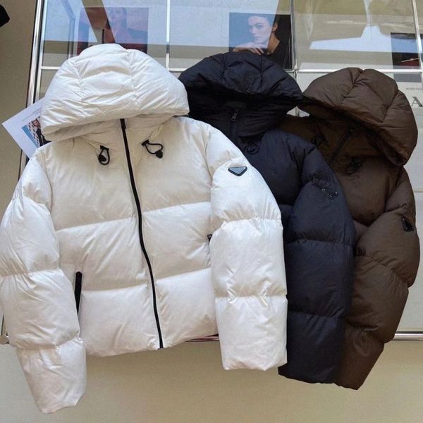 

classic women prad jackets short hooded down coats designer parkas fashion inverted triangle mens jackets winter warm parker, Black;brown