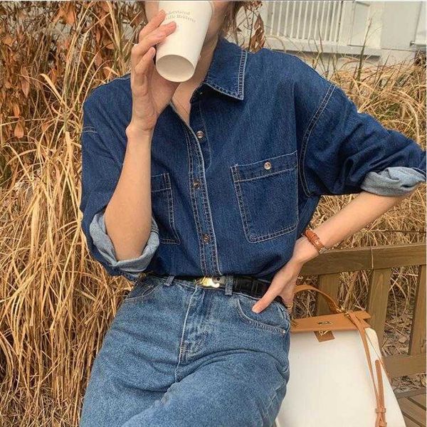 

korean washed out denim shirt womens autumn double pocket bright line design mid, White