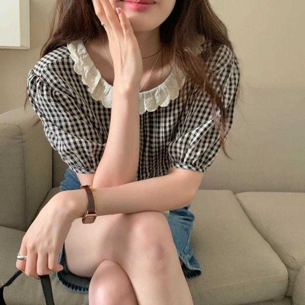 

french sweet lace womens blouses collar spliced plaid blouse back single, White