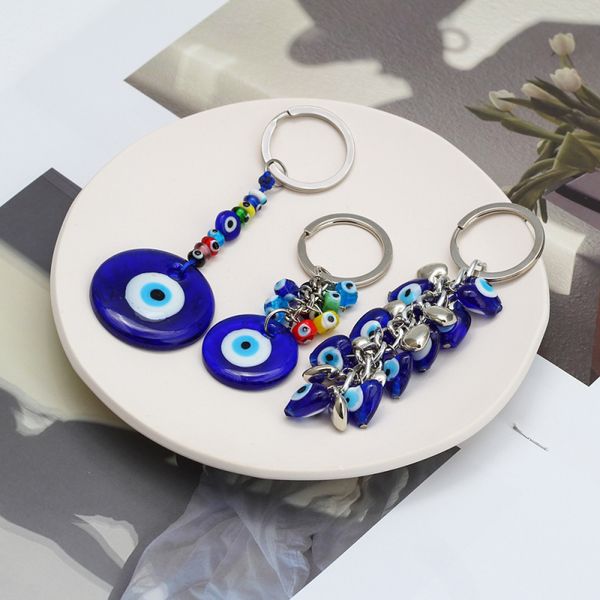 

turkish blue evil eye key ring charms pendants crafting glass keychain with keyring hanging ornament jewelry accessories amulet for good luc, Slivery;golden