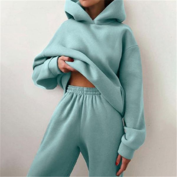 

women's two piece pants women solid olor tracksuit winter warm fleece long sleeve hoodie jogger suit casual sets female sportwear 23041, White