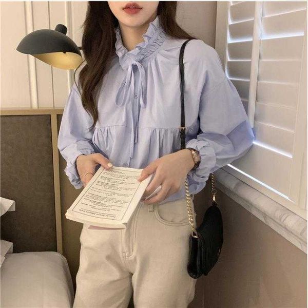 

korean chic gentle womens blouses temperament tree fungus like lacework lace up, White