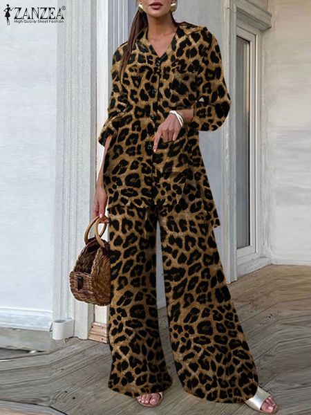 

women's tracksuits fashion women leopard print pant sets zanzea casual loose and outfits 2023 autumn wide leg leisure two piece 230413, Gray