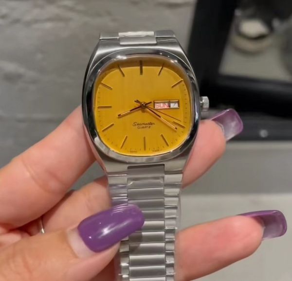

designer watch women's quartz watch 316l stainless steel case 36mm japanese original electronic movement double calendar yellow surface, Slivery;brown