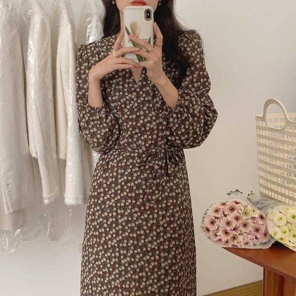 

autumn french elegance dress v neck waist controlled lace up over the knee long, Black;gray