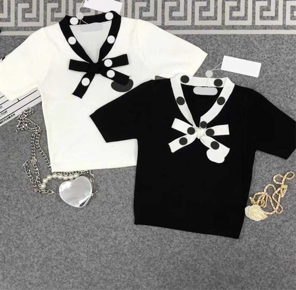 

designer t-shirts bow tie decorative neckline short sleeve pullover tee splicing against yarn-dyed belt logo embroidery v-neck temperament k, White