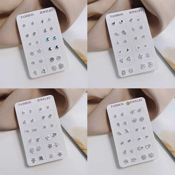 

stud fashion 925 silver needle moon star stud earrings set for women girl trendy geometry mini simple earring jewelry 12 pair/card p230411, Golden;silver