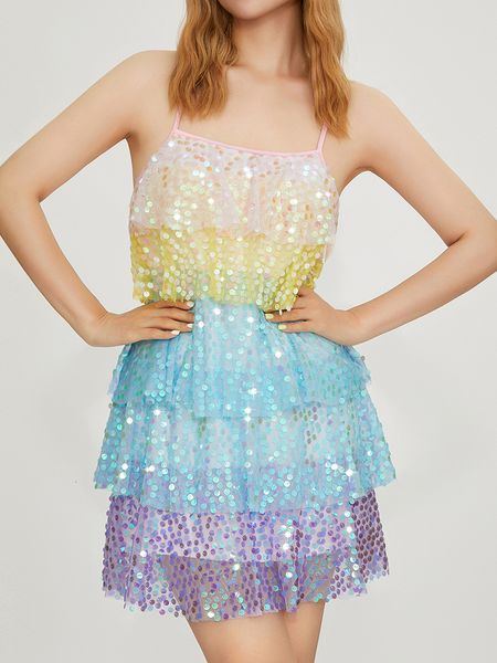 

casual dresses women sequins bohemia sleeveless mini sweet cute spaghetti strap cascading ruffle 230414, Black;gray
