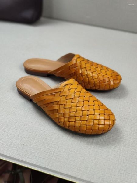 

slippers vintage cowhide handwoven women's genuine leather flat muller shoes, Black