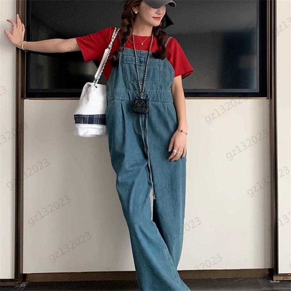 

womens front pocket high waist drawstring design denim trousers loose version comfortable joker wide leg pant for brand, Blue