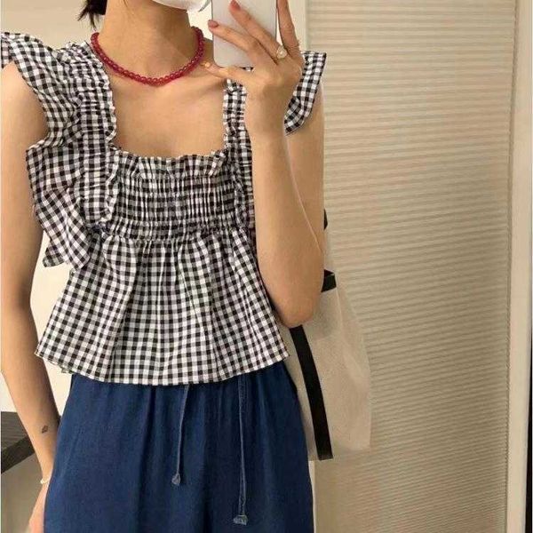 

summer cute youth looking flying womens blouses sleeves square collar plaid, White