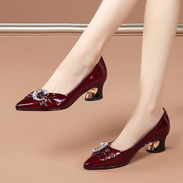 

dress shoes plus size 35 42 women pumps pearls patent leather boat med heels moon crystal pointed toe ladies 230414, Black