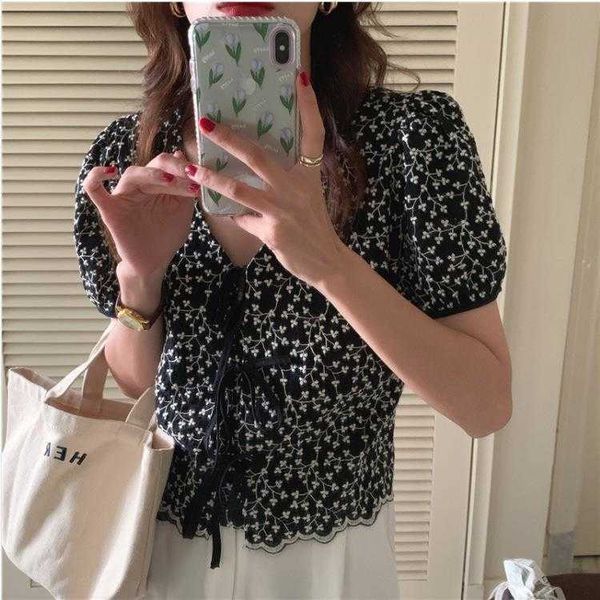 

summer french embroidery blouses crochet short lace up design sense v neck puff, White