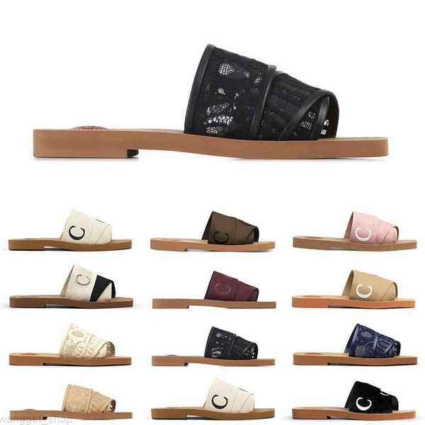 

luxury designer women slippers woody flat mule in canvas olive summer rubber sandals beach sliders cross woven outdoor peep toe woody casual, Black