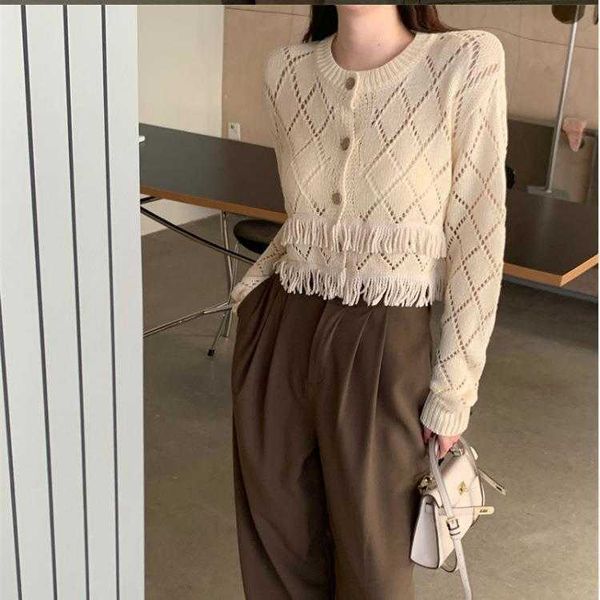

early autumn hollow womens sweaters tassel design long sleeved knitted cardigan, White;black