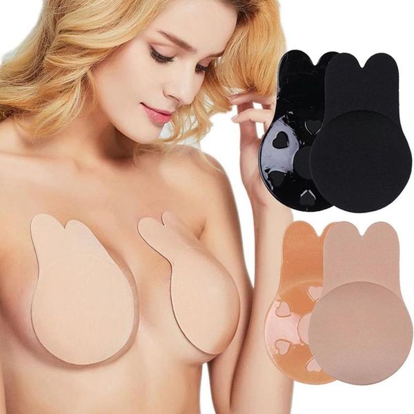 

women push up bras self adhesive silicone strapless invisible bra reusable sticky breast lift tape rabbit nipple cover bra pads pad straples, Black;white