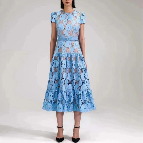 

fanncy dress crew neck puff sleeve lace hollow out gatered waist blue mid dress, Black;gray