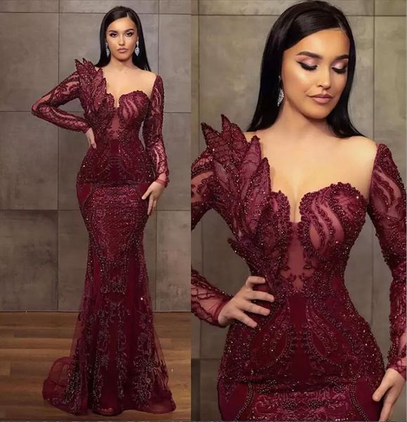 

gorgeous burgundy beaded evening dresses mermaid sheer neck prom dress long sleeves formal party second reception gowns arabic robes de soir, Black;red