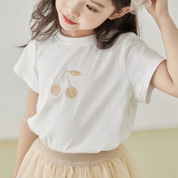 

t-shirts children's round neck t-shirt thin flash small cherry print girls cotton solid color half-sleeved 230414, Blue