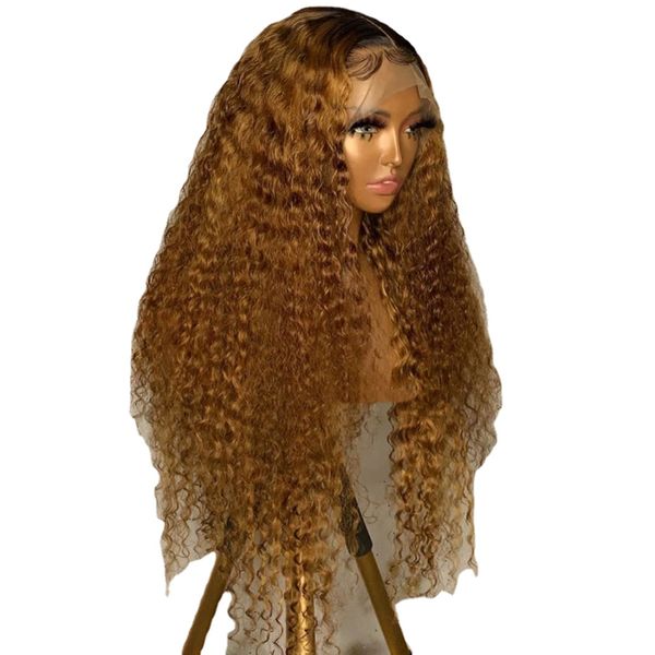 

soft 26 long ombre honey blonde 180density kinky curly lace front wig for black women babyhair cosplay glueless preplucked daily, Black;brown