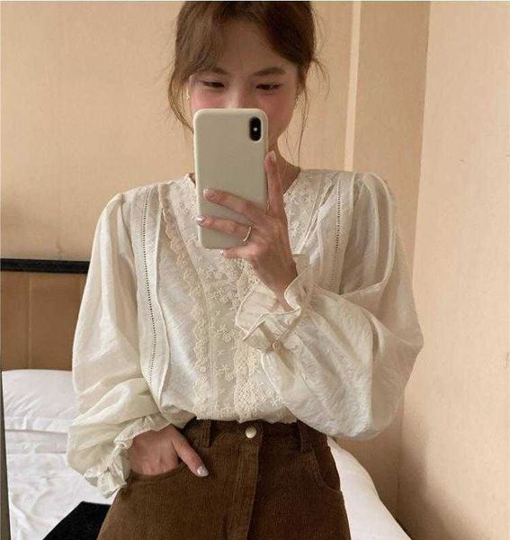 

fall korean blouses style v neck lace stitching hollow single breasted, White
