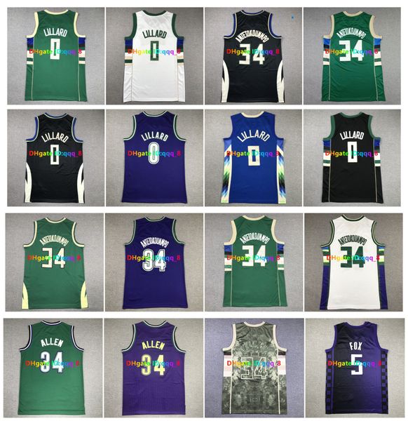 

Damian Lillard Giannis Antetokounmpo Basketball Jersey Ray Allen 5 De'Aaron Fox Throwback Green Black Blue White Size -XXL, As pic
