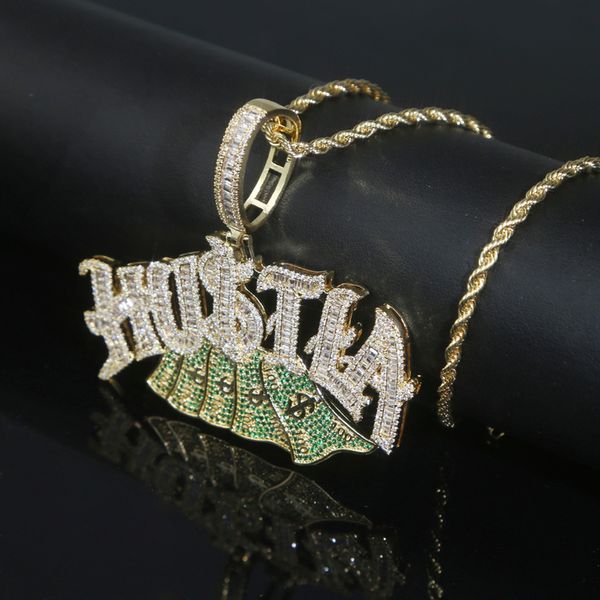 

iced out letter hustla pendant with rope chain necklace paved 5a cz stone for women men us dollar hip hop jewelry drop ship, Silver