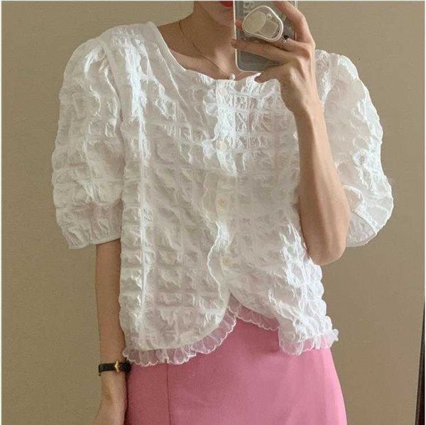 

korean style blouses summer bubble plaid pleated lace stitching design round, White