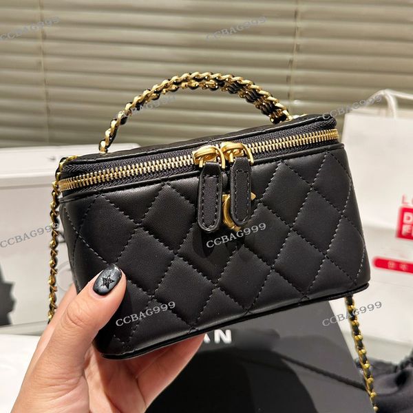 

woman designer vanity box bag cosmetic case purse hollow gold letter metal handle matelasse chain crossbody shoulder handbags with mirror ma