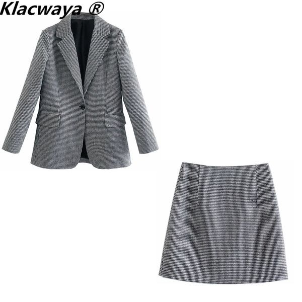 

two piece dress klacwaya women fashion two piece set vintage single button long sleeve checkered blazer female high waist a line skirt suit, White