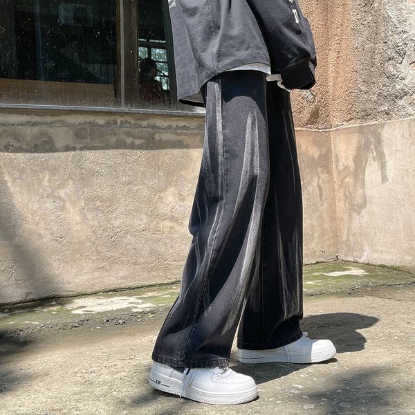 

men's jeans autumn winter straight jean pants black/blue men's tie-dye wide-leg jeans trousers streetwear casual pants 2xl-s 23041