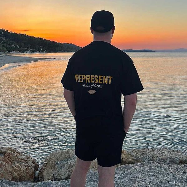 

men's t-shirts designer represent mens t-shirts represent vintage summer exclusive yellow banner letter printing trend fog short sleeve, White;black