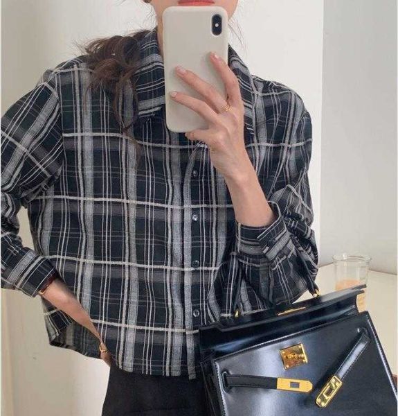 

korean style blouses niche polo collar contrast color check short shirt autumn, White