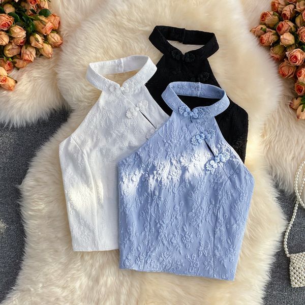 

camisoles tanks heliar women halter off shoulder backless tank solid chinese bow vintage embroidry crop for summer 230413, Black;white