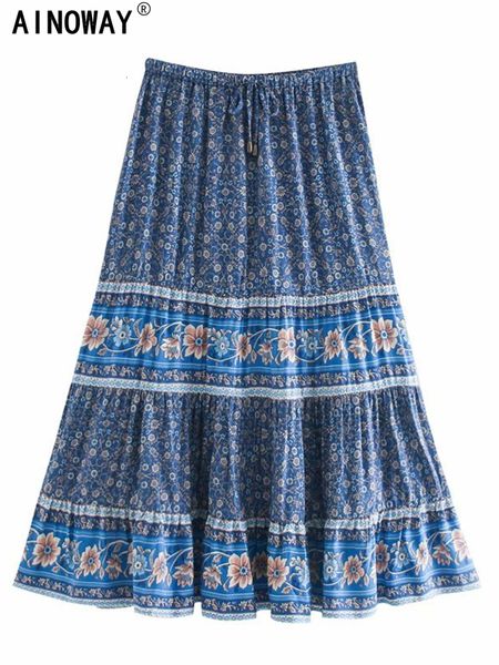 

skirts vintage chic hippie women floral printed high elastic waist beach bohemian skirt ladies rayon cotton a-line boho midi skirts 230414, Black