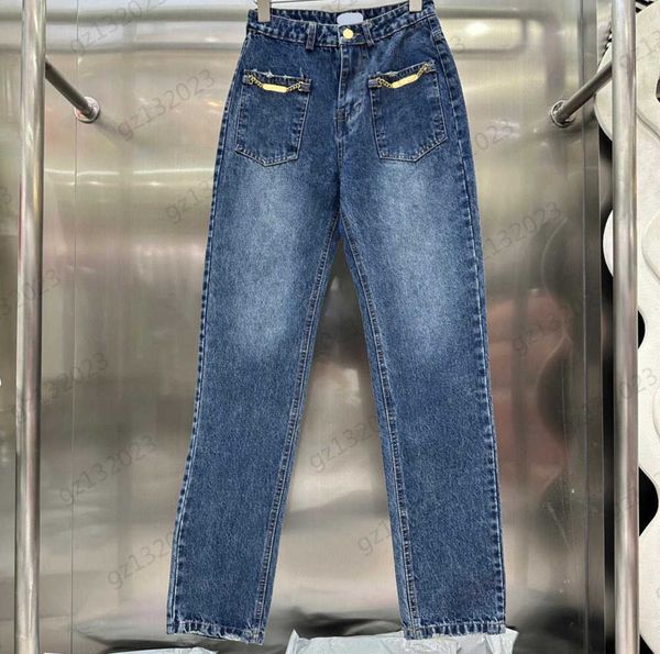 

fashion jeans women metal chain trim pocket high-waisted denim trousers classic style loose wide-leg version type casual joker pants jeans f, Blue