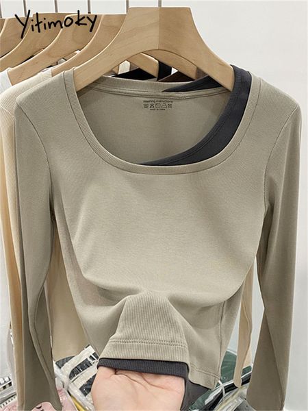 

women's t-shirt yitimoky square collar t shirts for women spring autumn korean fashion slim crop tee shirts ladies long sleeve chic 23, White