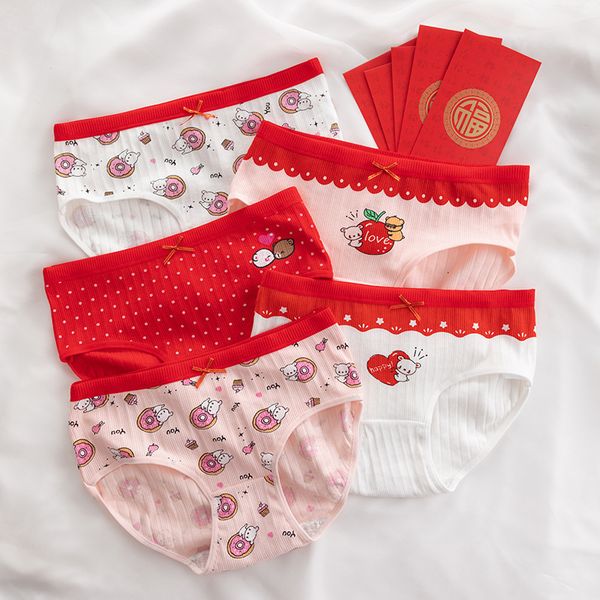 

women's panties 5pcs/set cotton underwear cute cartoon animal red bear women's panties print intimates briefs girls female panty l, Black;pink