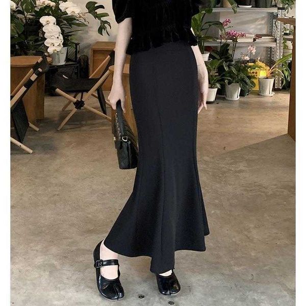 

elegant graceful ruffled fishtail skirt spring and summer high waist slim fit, Black